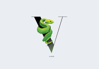 Capital letter V with green viper snake