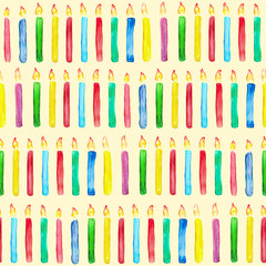 Watercolor hand drawn illustration seamless pattern with red, blue, green, yellow, pink, blue, purple colored candles on beige