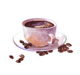 Watercolor coffee cup with cake isolated on a white background illustration.
