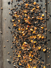 mix grain for the birds on the old wooden surface