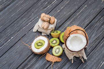 Fototapeta na wymiar Coconut with milk,walnut and kiwi