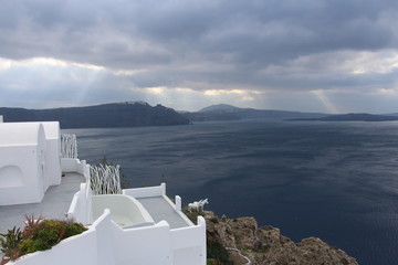 Santorini in the winter in bad weather, the beauty of the island