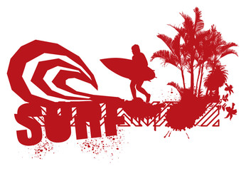 red surfer with big wave and palms