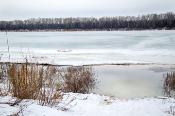 landscape in early spring , ice melting, the beginning of ice drift on the river
