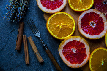 bright slices oranges on the table