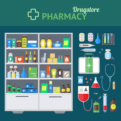 Pharmacy Store and Element Set Concept. Vector