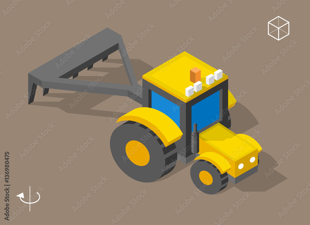 Poster set of isolated isometric minimal city elements . tractor with shadows on dark background
