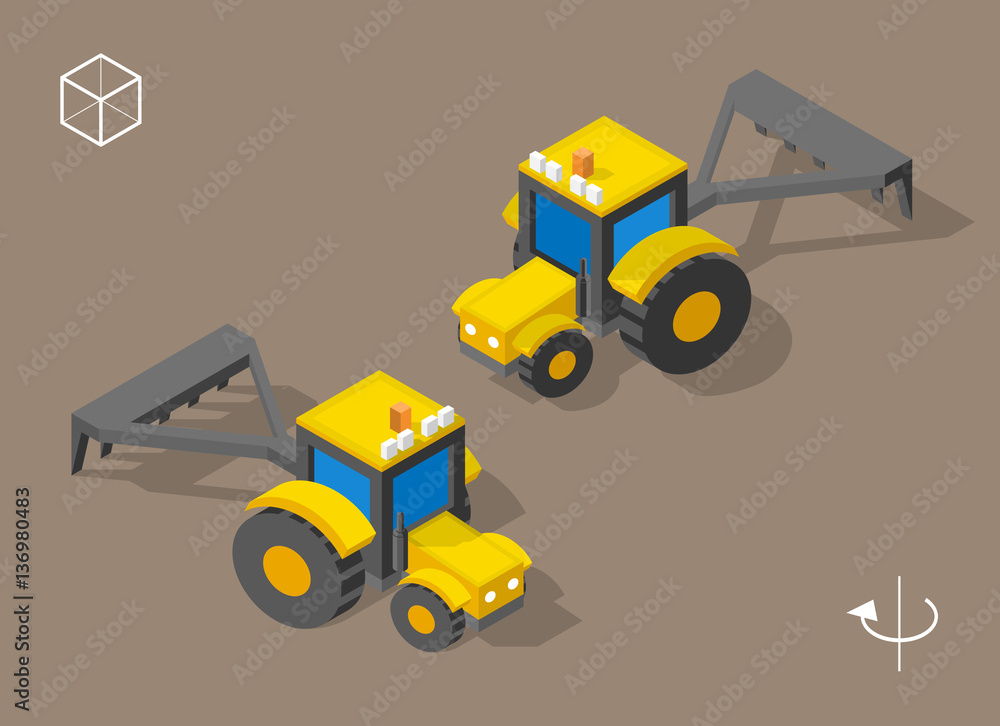 Poster set of isolated isometric minimal city elements . harvester with shadows on dark background