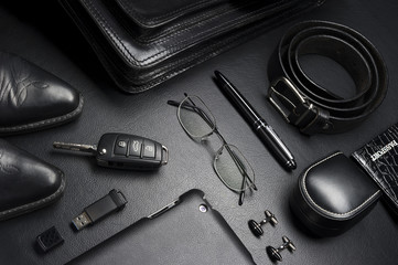 Man accessories in business style, gadgets, eyeglasses, car key, briefcase, shoes and other luxury...