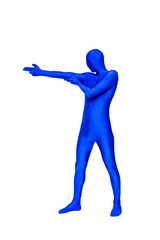 Mysterious blue man in morphsuit shows the firing of guns