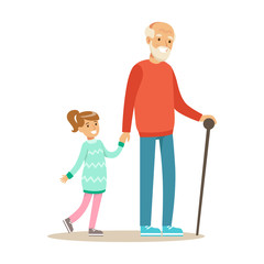 Grandfather And Girl Walking Holding Hands, Part Of Grandparents Having Fun With Grandchildren Series