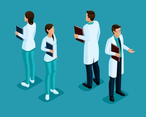 Trendy isometric people. Medical staff, hospital, doctor, nurse, surgeon. People front view rear view isolated on a light background. set 2