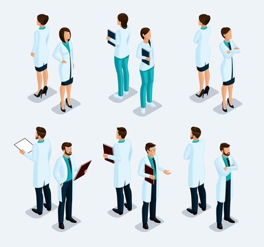 Trendy isometric people. Medical staff, hospital, doctor, nurse, surgeon. People at the front view of visas, standing position. Vector illustration