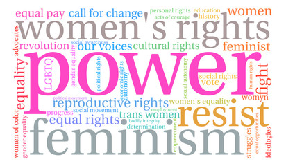 Power Women's Rights word cloud on a white background.