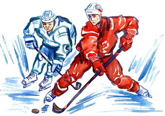 Fototapeta premium Two sportsmen hockey players fighting for the puck at high speed, hand painted watercolor illustration