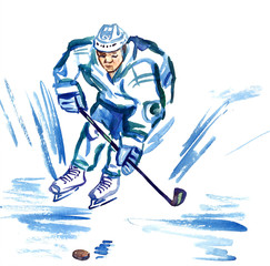 Obraz premium Athlete hockey player skating with puck at high speed, hand painted watercolor illustration