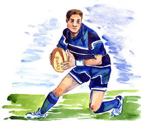 Athlete rugby player running with the ball on the football field of the stadium, hand painted watercolor illustration
