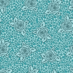 Vintage vector seamless pattern with garden roses on light mint green background. Rose blossoms with leaves and little flowers, hand-drawn sketch background, perfect for romantic events