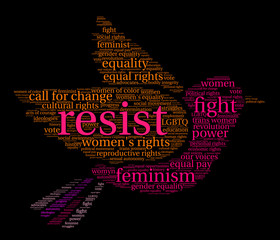 Women's Rights Resist word cloud on a black background. 