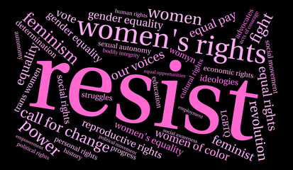 Women's Rights Resist Word Cloud on a black background. 