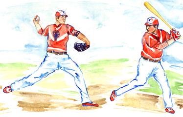 Fototapeta premium Athletes baseball players: one throwing the ball (pitcher) and another (batter or hitter) is awaiting to hit with baseball-bat on field on a sunny summer day, hand painted 