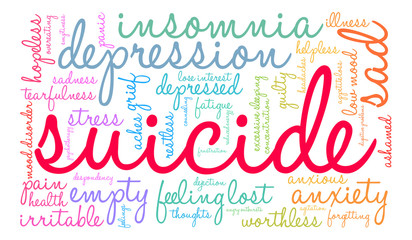 Suicide Word Cloud word cloud on a white background. 