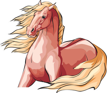 Red Horse With Mane And Tale Flowing In The Wind.