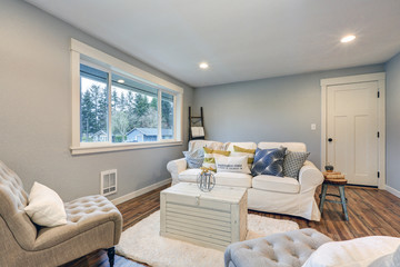 Fototapeta na wymiar Cozy living room space with soft blue grey walls