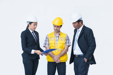 architecture worker  young man and women work today on white bac