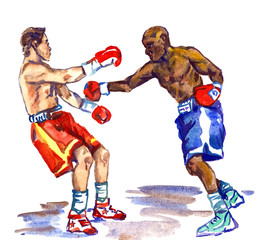 Boxing fight, athlete sends in a knockout his opponent, hand painted watercolor illustration