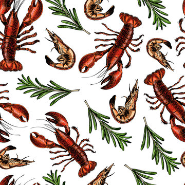 Vector seamless pattern of seafood.Lobster, shrimp and rosemary branch. Hand drawn engraved icons. Colored objects.