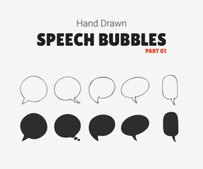 Set of vector speech bubbles with text, group of doodle speech bubles on white background
