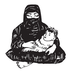 mother in black burqa with child in her hands standing, black and white isolated hand drawn vector illustration in ink drawing pop art style