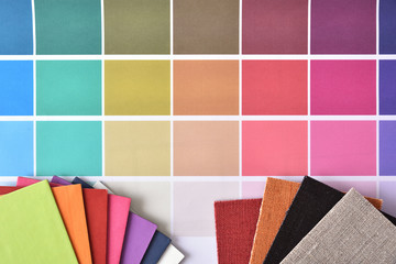 Color samples with materials for interior decoration top view