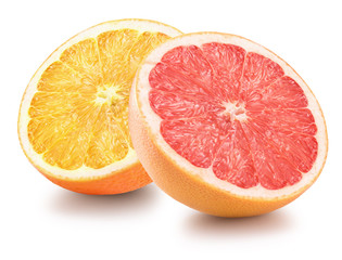 half of orange and grapefruit isolated on white background