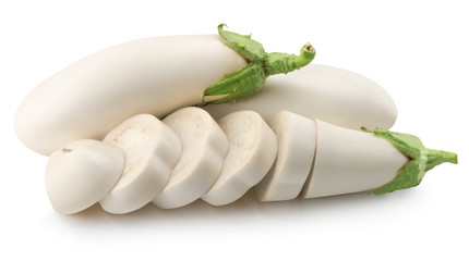 white eggplants with slices isolated on a white background