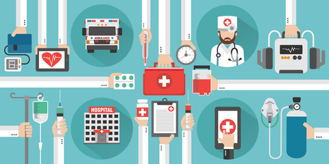 Healthcare,Medical online concept design flat - obrazy, fototapety, plakaty