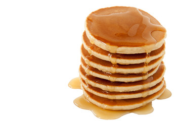 Pancakes with maple syrup isolated on a white background. Breakfast, snacks. Pancakes Day. - obrazy, fototapety, plakaty