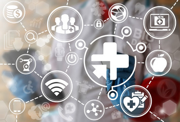 Medicine integration IoT automation computer health care web concept. Healthy big data ai computing modernization medical engineering internet of thing information technology. Medical cross arrow icon