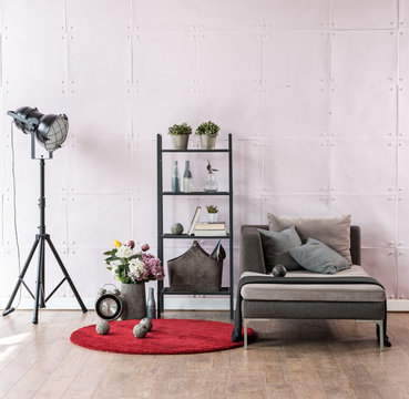 Black Lamp Red Carpet With Armchair Pink Wall Concept