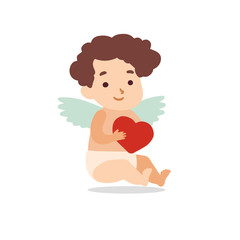 Cute cartoon cupid with heart for valentines day card, wedding invitation. Vector illustration