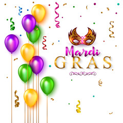 Mardi Gras background with carnival mask, colorful balloon and ribbon. Vector illustration.