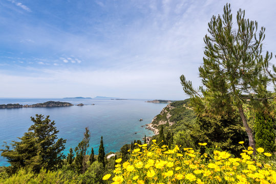 Spectacular view from Afionas, a fantastic mountain village on the cape of Arila. Corfu Island, Greece.
