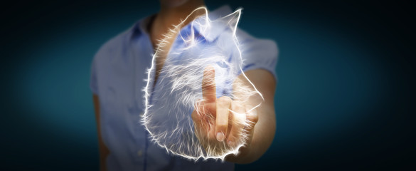 Person touching fractal endangered wolf illustration 3D renderin