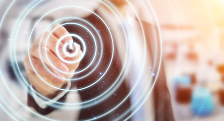 Businessman pushing 3D render power button with a pen