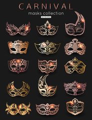 Set of Carnival masks. Rose gold trend color for design, vector illustration.