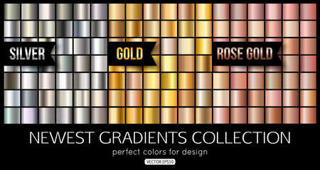 Set of rose gold, silver gradients. Shiny gold texture, vector illustration. - obrazy, fototapety, plakaty
