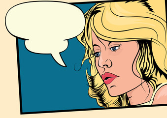 Blond girl in retro style comic book pop art. Flat vector.