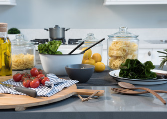 white modern kitchen and food preparation