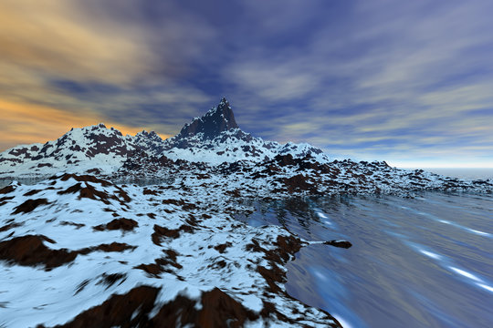 Snow on the rocks, a winter landscape, waves in sea and a blue sky.